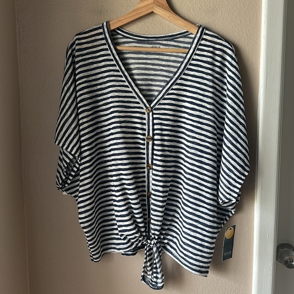 NWT A.N.A. Navy Stripe Tie Front Dolman Sleeve Top - Picture 2 of 7